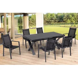 OUTFLEXX Garten-Essgruppe, OUTFLEXX® anthrazit matt, Alu / Spraystone / Textil, Tisch 180/280x100cm, 6 Stapelsessel