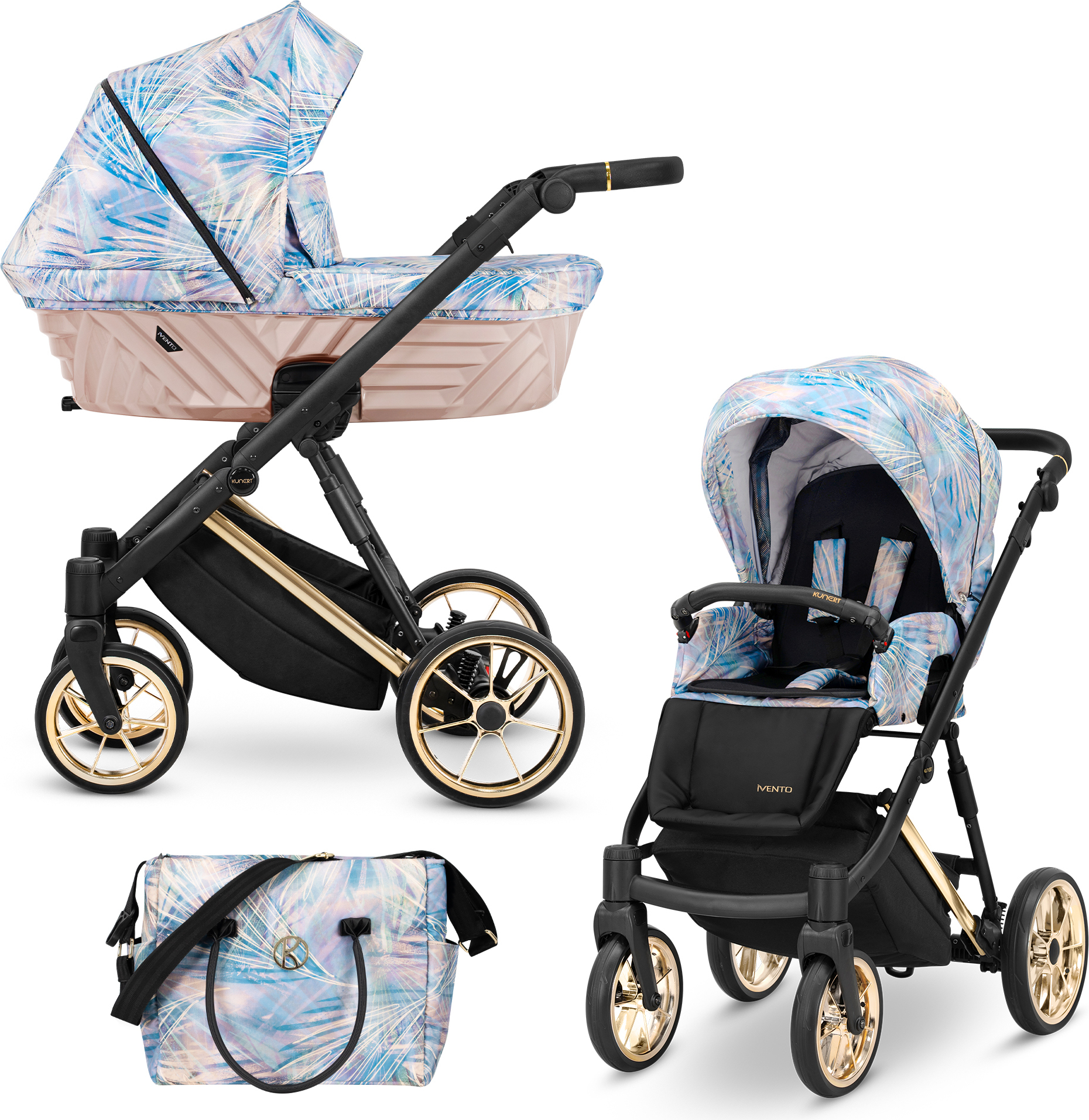 Kinderwagen IVENTO Sportwagen Babywagen Babyschale Komplettset Kinder Wagen Set 2 in 1 (Pastel Grass, Rahmenfarbe: Gold)