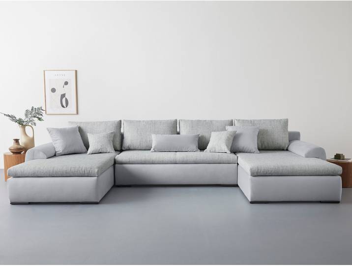 Wohnlandschaft HOME AFFAIRE Win U-Form, B: 366 cm - OTTO. Verlässliche Qualität. , grau (hellgrau), B:366cm H:85cm T:176cm, 100% Polyester, Sofas, Wohnlandschaft, Schlaffunktion, Bettkasten & 5 Zierkissen