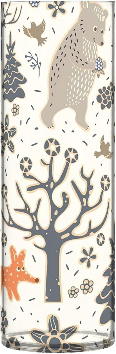 Cilinder bloemenvaas met bosdieren motief in beige, Hoogte: 30 cm