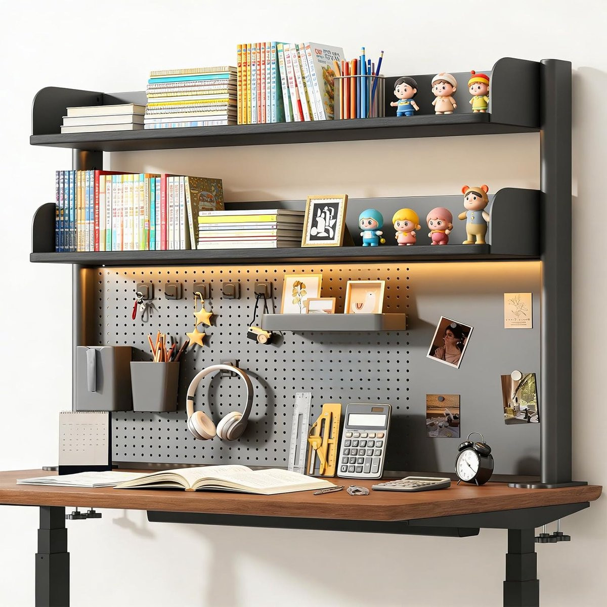 Zwart metalen bureaukast met geperforeerde plaat en dubbele opslag voor boeken en accessoires, Breedte: 80 cm