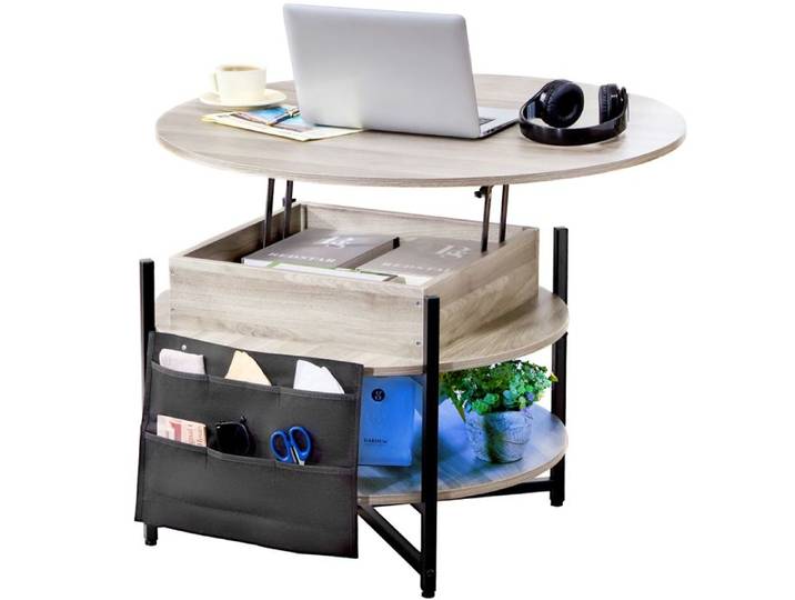 Table Basse avec Plateau Relevable - VEVOR - Table Basse Ronde de Salon avec LED - Sacs de Rangement Latéraux - 90x90x51 cm - Chêne