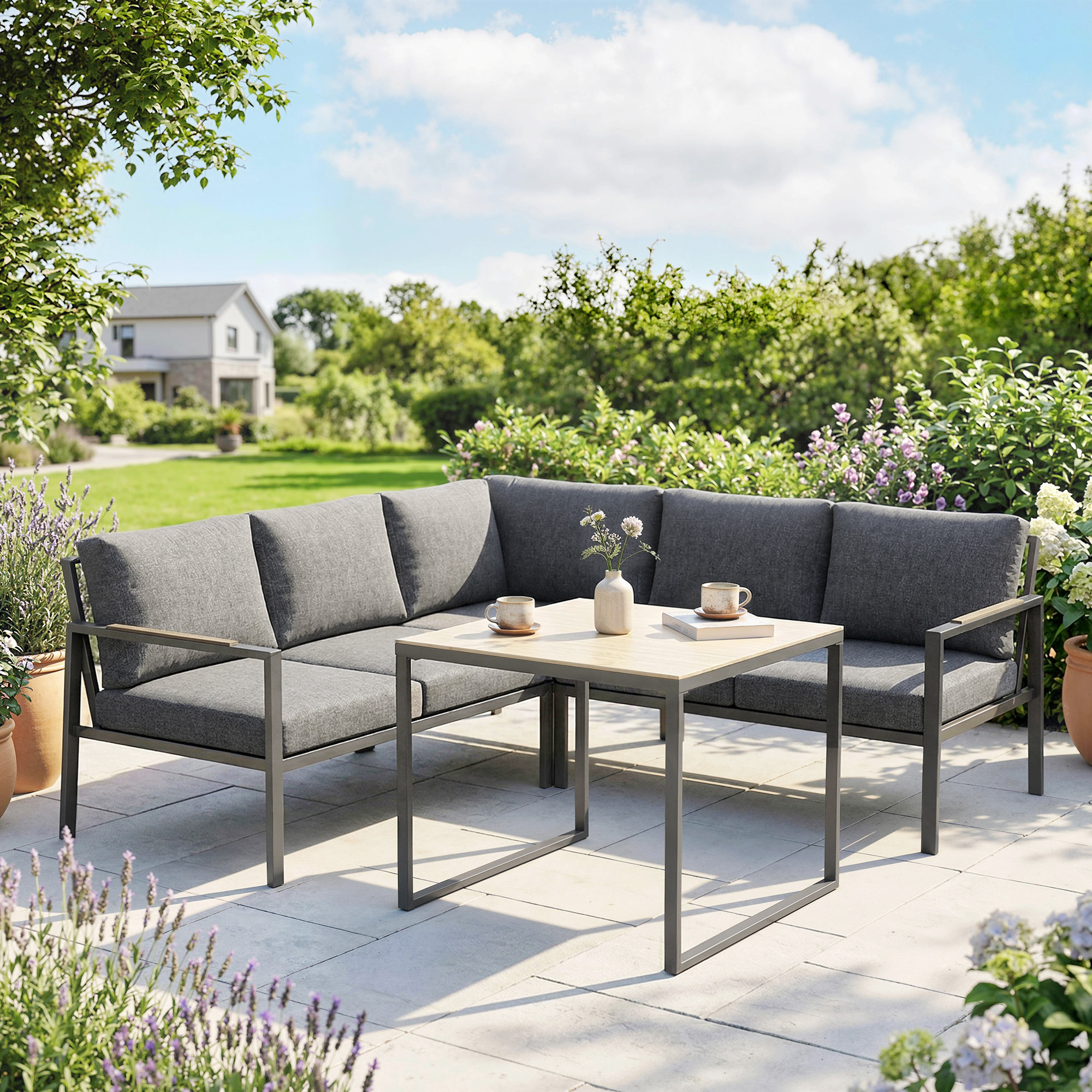 Outsunny Salotto da Giardino Esterno 3 Pezzi per 5 Persone, 2 Divani con Cuscini Spessi, 1 Tavolino, 183x183x72 cm, Grigio Scuro   Aosom Italy