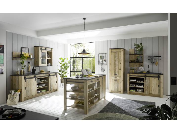 Küche HOME AFFAIRE Sherwood , braun (küche: natur, korpus: old style hell, arbeitsplatte: anthrazit), B:400cm T:64cm, Komplettküchen-Sets, Küche, Breite 400 cm, ohne E-Geräte