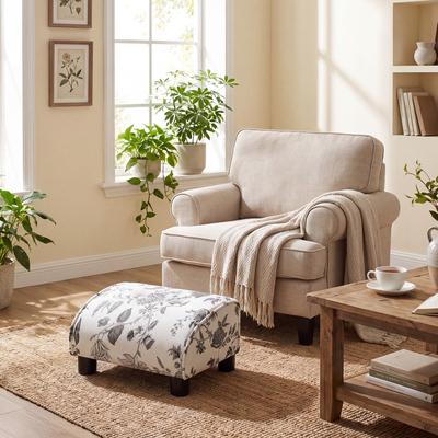Adeco "15.4"" Printed Linen Upholstered Footstool Ottoman with Curved Top"