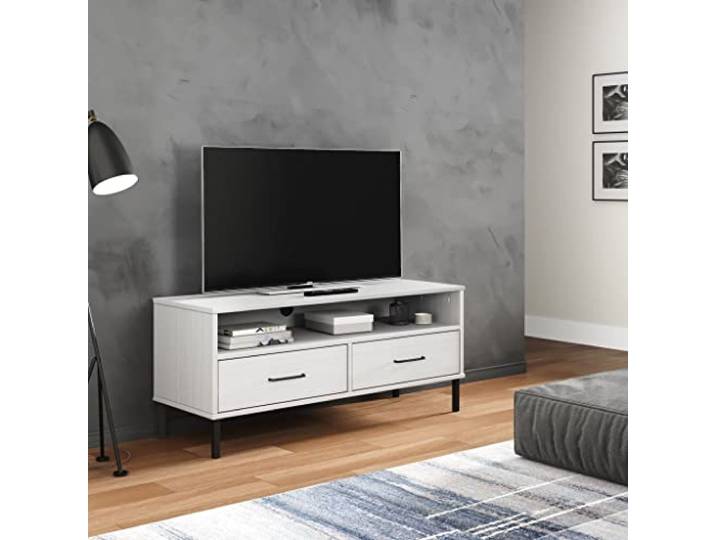 HEFZGDB TV-Schrank Oslo mit Metallbeinen Weiß Massivholz Kiefer 1 Fach 2 Schubladen für Wohnzimmer Aufbewahrung