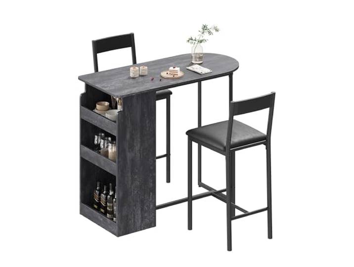 GarveeHome Bar Tisch Set, Barset mit 2 Barhockern, mit Ablagefächern, Stabiler Metallrahmen & Holzoptik, für Küche & Wohnzimmer, Tisch 110×50×91 cm, Dunkelgrau-Holzoptik