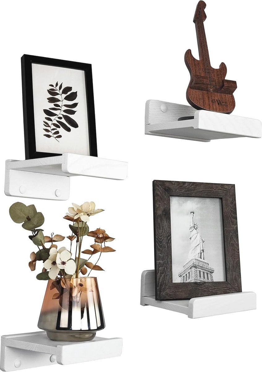 Set van 4 handgemaakte kleine wandrekken - moderne houten muurplanken voor badkamer, woonkamer en keuken