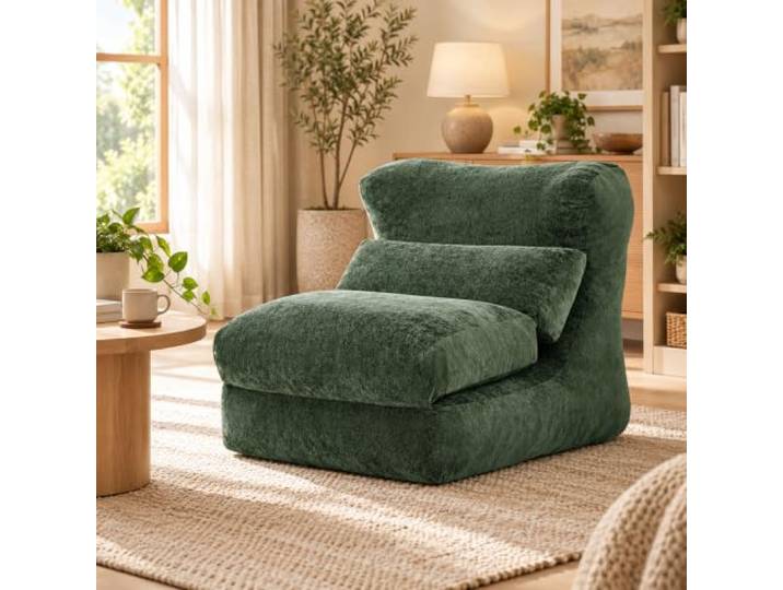 Bodensessel 90 cm, ausklappbarer Relaxsessel aus Schaumstoff (Grün) 210 cm ausgeklappt, mit Lendenkissen, weicher Polsterung und ohne Montage – für Wohnzimmer, Schlafzimmer und Leseecke