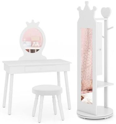 Costway Kids Room Furniture Set Princess Vanity Table and Stool Set with Mirror and Drawer-White
