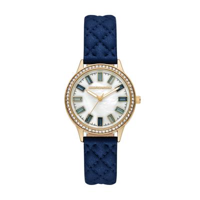 Quarzuhr SKECHERS "Camila", blau (blau, weiß), Armbanduhren, Damen, gelbgoldfarben, Quarzuhr, Armbanduhr, Lederarmband, analog, Glassteine