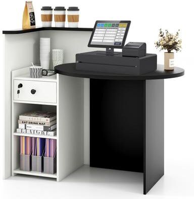 Front Reception Counter Office Desk w/ Open Shelf Lockable Drawer