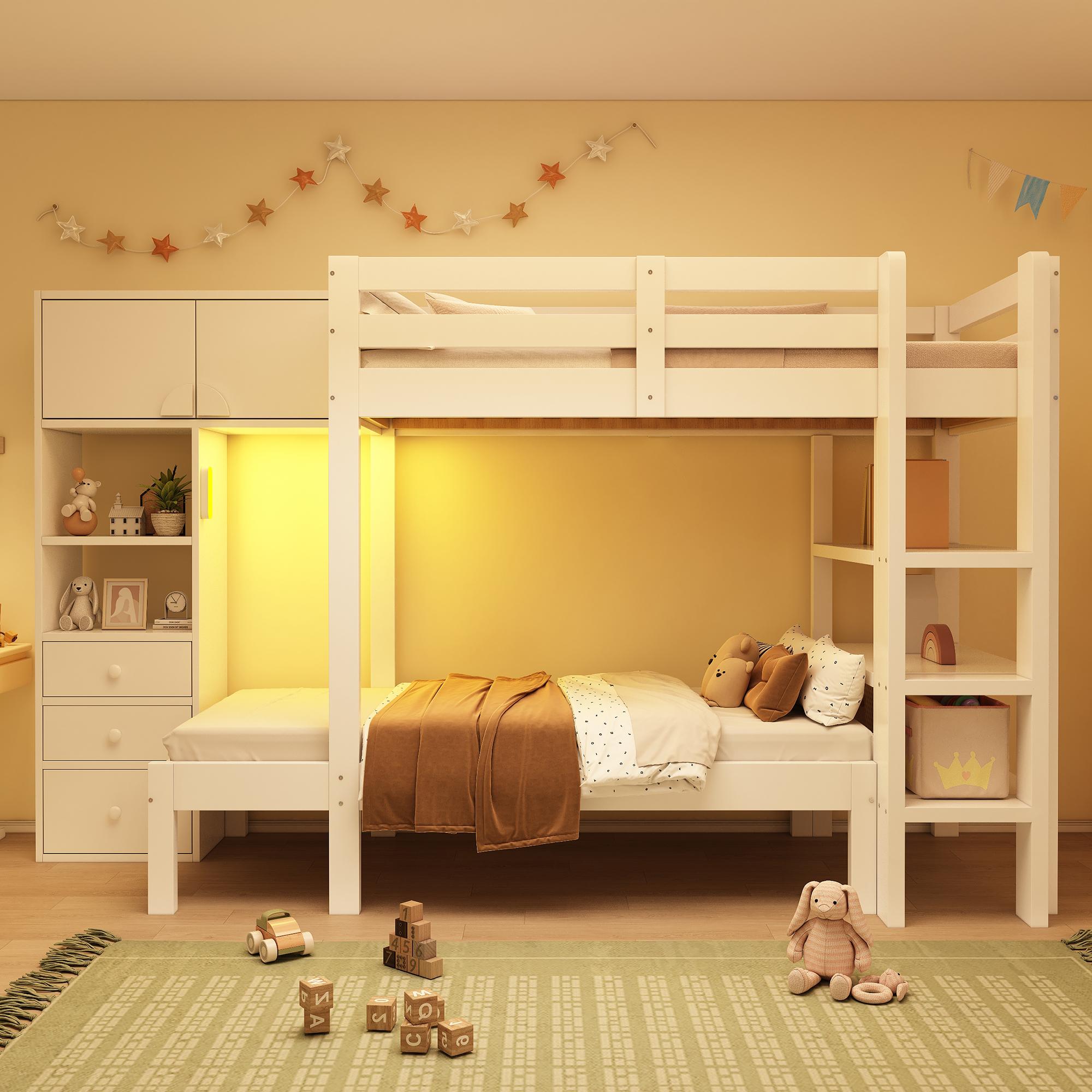 Etagenbett 90x200, Nachtlicht, versetzt m. Schrank/Regal/Schubladen, Stauraum, EN747-1:2024.