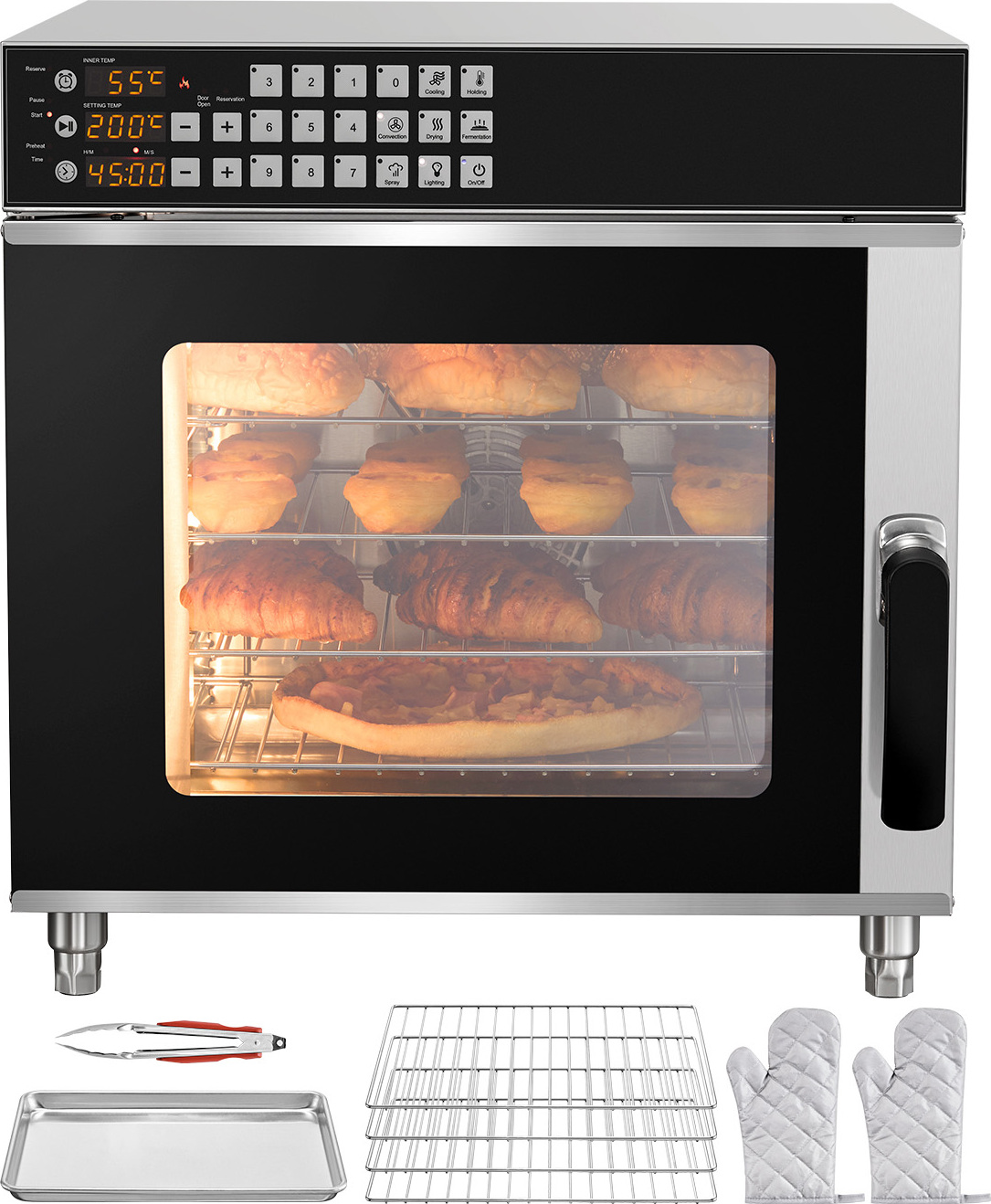 SucceBuy Kommerzieller Konvektionsofen, 58 l Fassungsvermögen, 2800 W, 4 Ebenen, Edelstahl, für das Backen im Restaurant und zu Hause