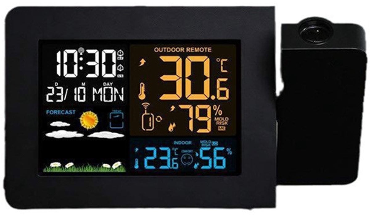 Atoom projectie wekker met weerstation en draadloze thermometer in rood en zwart