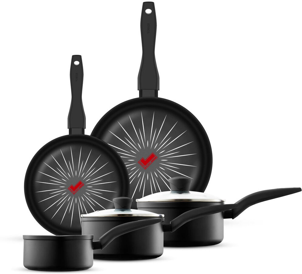 Tower T800304 SmartStart Forged 5 Piece Cookware Set with Easy Clean Aeroglide Non-Stick Coating, 8X Stronger, Oven Safe, Long Lasting, PFOA Free Black 5