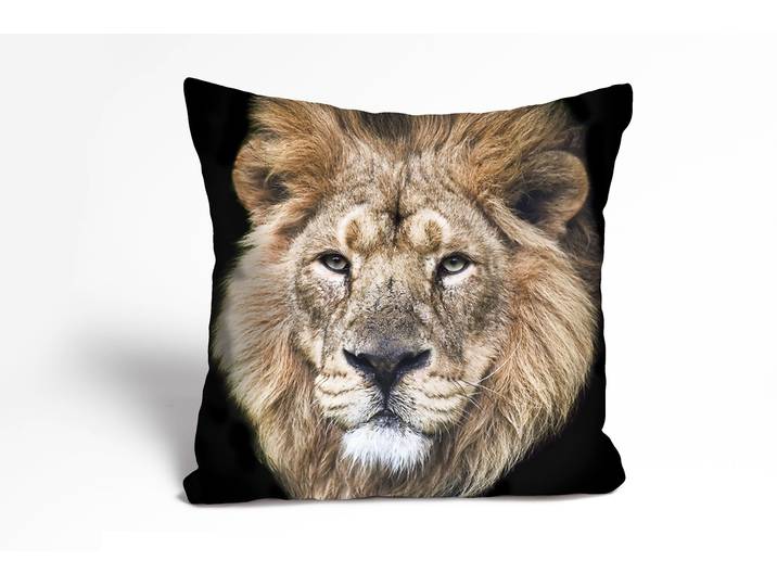 Dekokissen QUEENCE Frank , braun (braun, bedruckt), B:40cm L:40cm, Polyester, Dekokissen_Sitzkissen_Kissenhüllen, Dekokissen, Kissenhülle,Löwe,Tiermotiv,Wildtier,Majestätisch,Naturmotiv,Kraftvoll