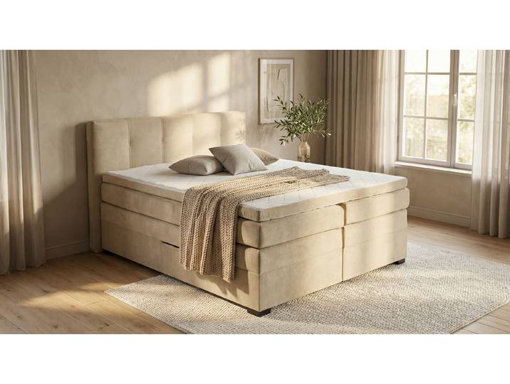 Boxspringbett ED EXCITING DESIGN FANES, Doppelbett mit Bettkasten und Taschenfederkernmatratze H3 , beige, B:190cm L:212cm, 100% Polyester, Komplettbetten, Boxspringbett, mit 7cm Visco-Topper, hochwertiger Microvelours-Bezug, 180x200cm, Topseller