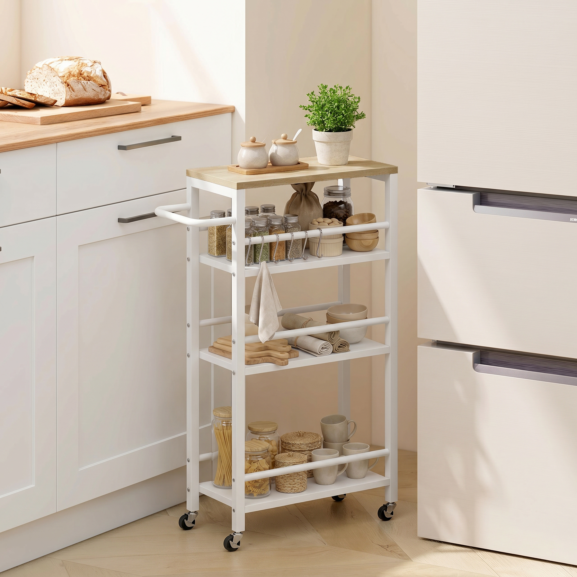 Homcom Carrello Ausiliario con Ruote a 4 Livelli, Carrello da Cucina con Portasalviette e 6 Ganci, per Sala da Pranzo, 50x20x81 cm, Rovere   Aosom Italy