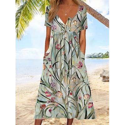 Damen Midikleid V-Ausschnitt Blumendruck Kurzarm A-Linie Komfort Blau Strand Party Frühling Sommer Mode Kleidung
