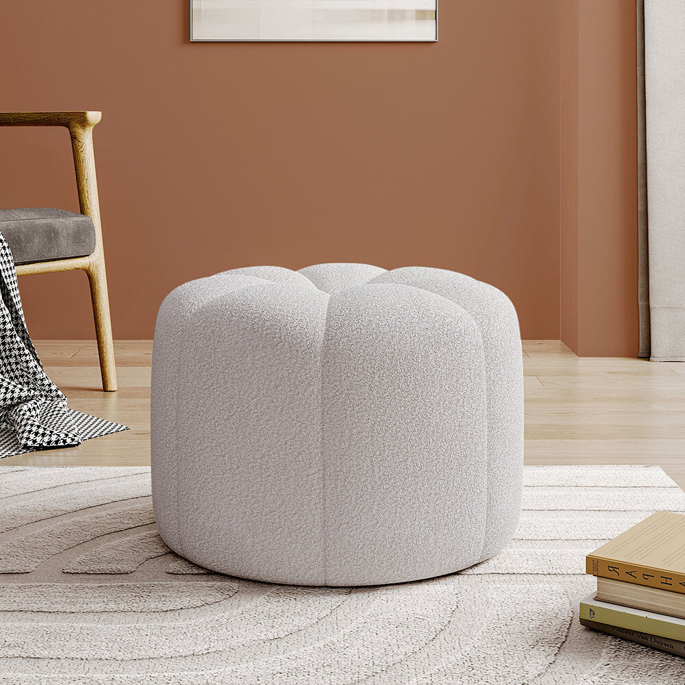 17 Stories Marijan 50 cm W Teddy Tufted Round Footstool White 36cm H X 50cm W X 50cm D