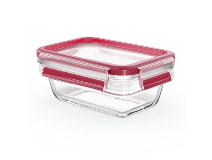 EMSA Clip & Close Glas Frischhaltedose, rechteckig, 0,45 L, 100 Prozent dicht, rutschfestes Stapeln, Glasbehälter spülmaschinen-, gefrier-, backofen-, mikrowellenfest, Rot, Transparent, N10405