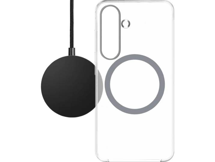 BlueBuilt Qi2 Draadloze Oplader 15W Zwart + Samsung S25 Back Cover met Magneet Transparant