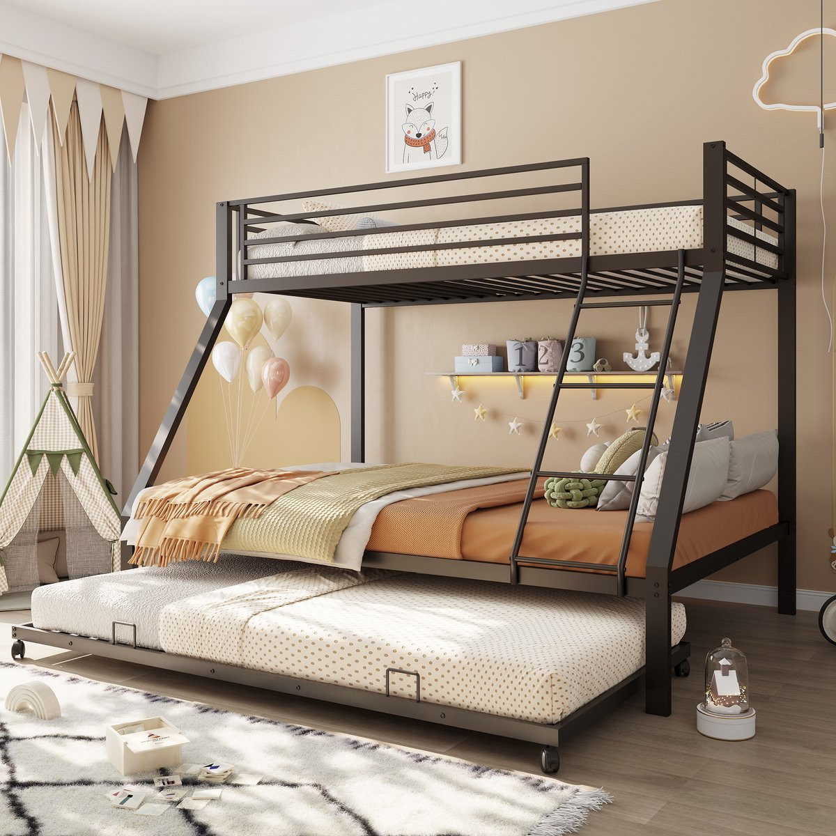 Zwart metalen stapelbed met LED-verlichting voor kinderen, 90 x 200 cm
