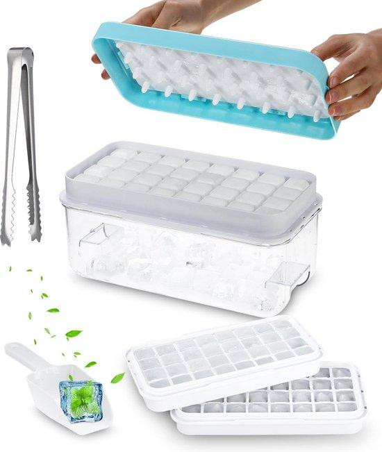 Blauwe ijsblokjeshouder met deksel en ijsschep, BPA-vrij plastic, 64 ijsblokjes
