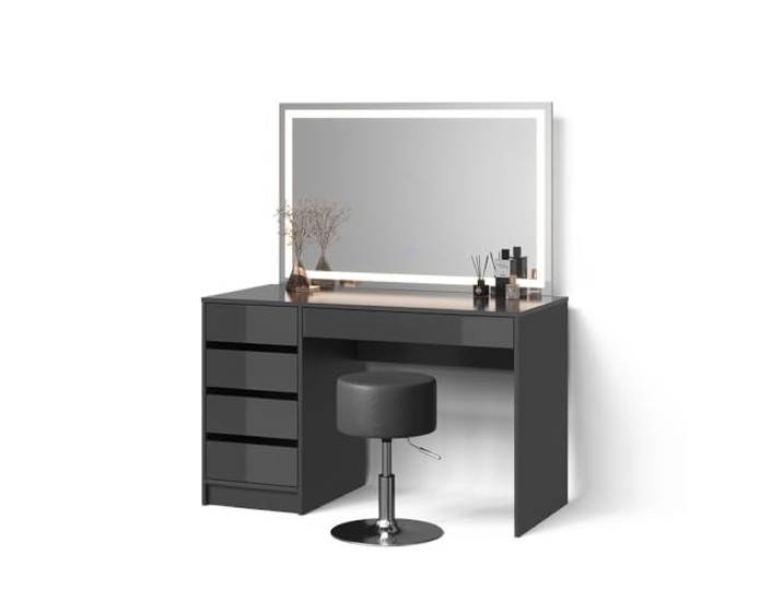 Livinity Schminktisch Imola, Anthrazit LED-Spiegel · Hocker · 5 Schubladen · Bodenstehend · Grifflose Optik
