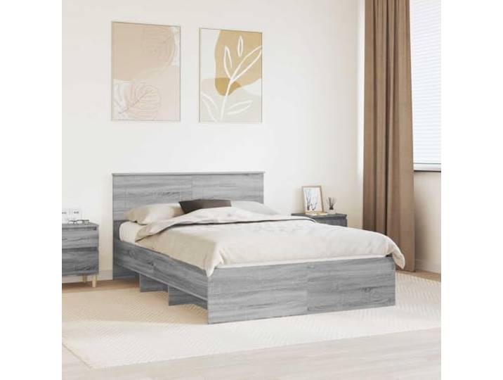 RJPLMFV Bettgestell, Sonoma-Grau, 150 x 200 cm, Holz Mit integriertem Kopfteil, modernes Design, robuste Struktur, leicht zu reinigen
