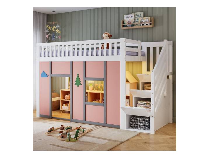 STILVORA Hochbett 90×200 mit Stauraum Funktionsbett Bettgestell, ohne Matratze (Kinderbett mit LED, Treppenaufgang, Absturzschutz, Spielbereich unten, Dekoelemente, geräumig, pflegeleicht) Für Kinderzimmer, Spielzimmer und kleine Wohnräume