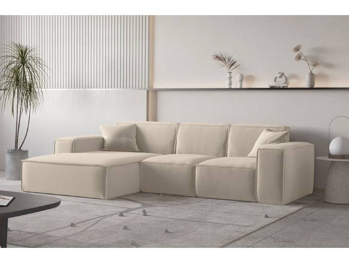 Fun Möbel Ecksofa Ecksofa CELES PREMIUM in Stoff Opera Velvet Beige mit Ottomane, Speed-Versand 10 Werktage, Expresslieferung