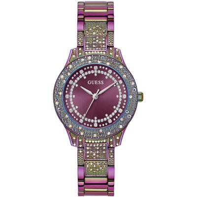Quarzuhr GUESS "SHOOTING STAR", bunt (bunt, lila), Armbanduhren, Damen, bunt, Quarzuhr, Armbanduhr, Damenuhr, Kristallsteine, Mineralglas, Edelstahlarmband