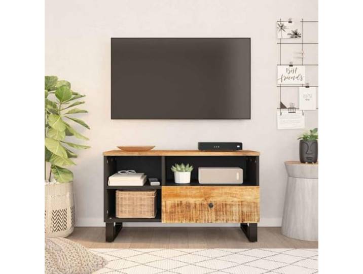 LKJephalotrope TV-Schrank Lowboard Mangoholz Massiv 80x33x46 cm Kompaktes Lowboard fürs Wohnzimmer mit 3 offenen Fächern, Schublade und robusten Eisenbeinen für vielseitige Ablage.