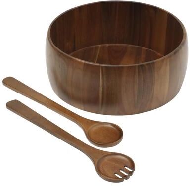 Gibson Home Laurelton 3 Piece Large 13"" Acacia Wood Salad Serving Bowl Set w/ 2 Serving Tools"