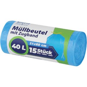 TipTop-Office Müllbeutel 40 Liter, mit Zugband, blau, 15 Stück
