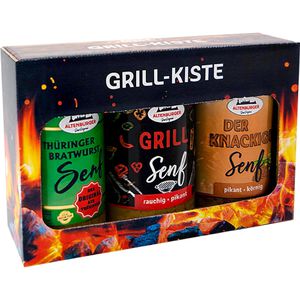 Altenburger Senf Geschenkbox, Grill-Kiste, 3 verschiedene Sorten, im Glas, je 200 ml