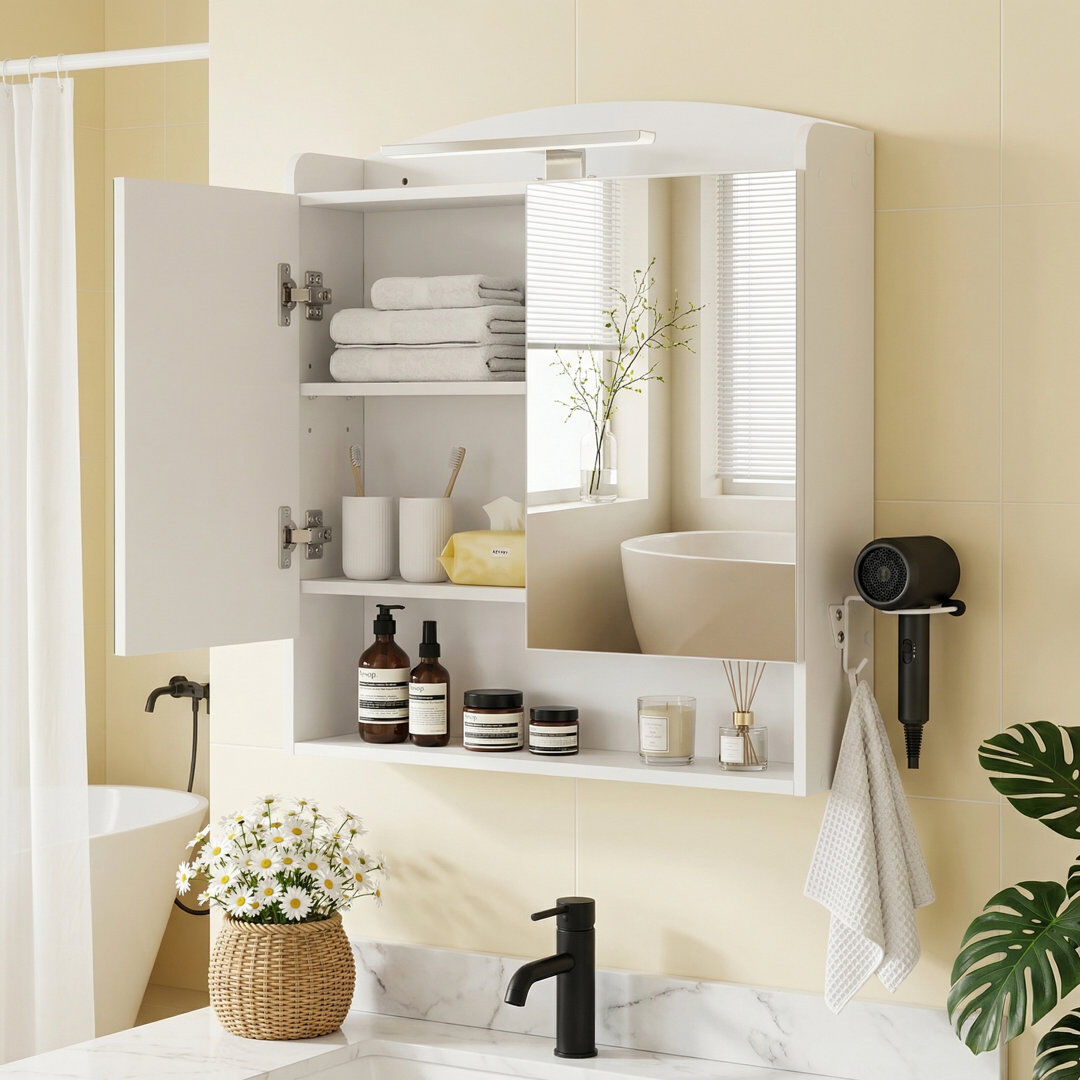 17 Stories Mirror Bathroom Cabinet with Light Natural 64mm H