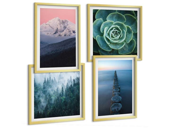 BILDER SET 4er Set - 50x50 cm & 40x60 cm Goldrahmen - Berge, rosa Himmel, Wasser, Sukkulente