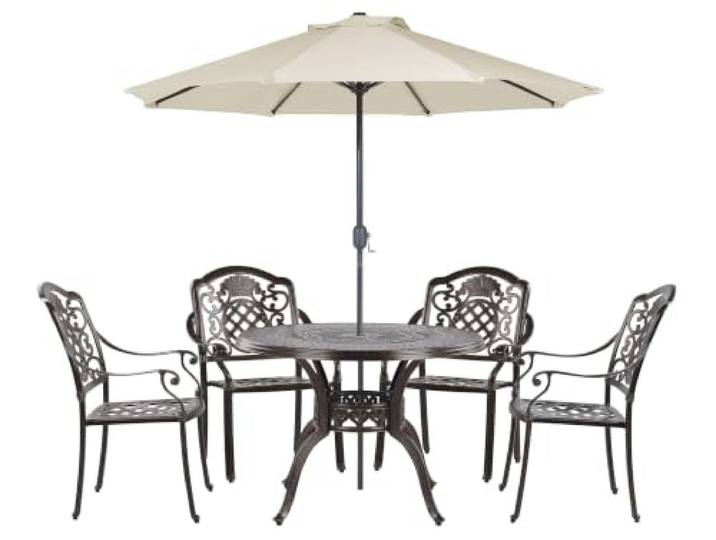 Beliani Gartenset Aluminium Dunkelbraun 4-Sitzer rund mit Sonnenschirm Retro Salento