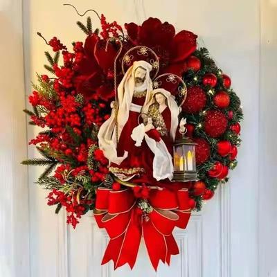 Inspire Select 15.7in Christmas Wreath With Lantern & Bow Festive Front Door Holiday Garland red Jesus 15.7 In