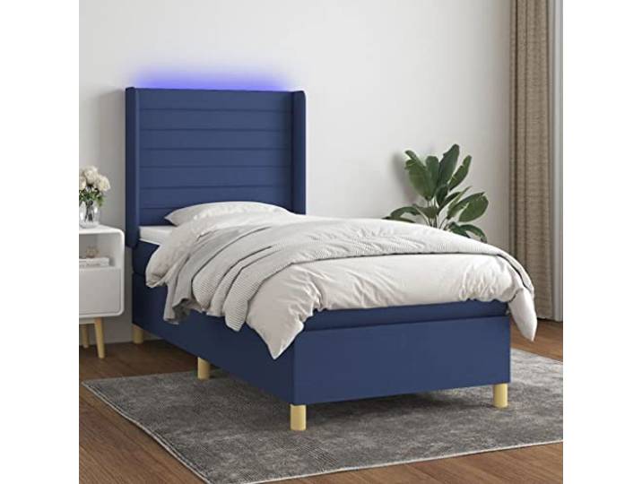 PUGYNBK Boxspringbett, Matratze und LED-Lichter, blauer Stoff, 80 x 200 cm Verstellbares Kopfteil, Taschenfedern, weicher Schutz, USB-Anschluss 5 V, einfache Montage