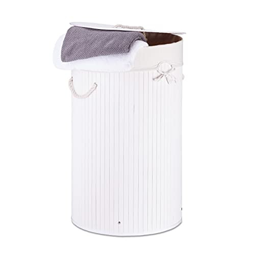 Relaxdays Opvouwbare Wasmand van Bamboe met Deksel en Handvatten, Wit