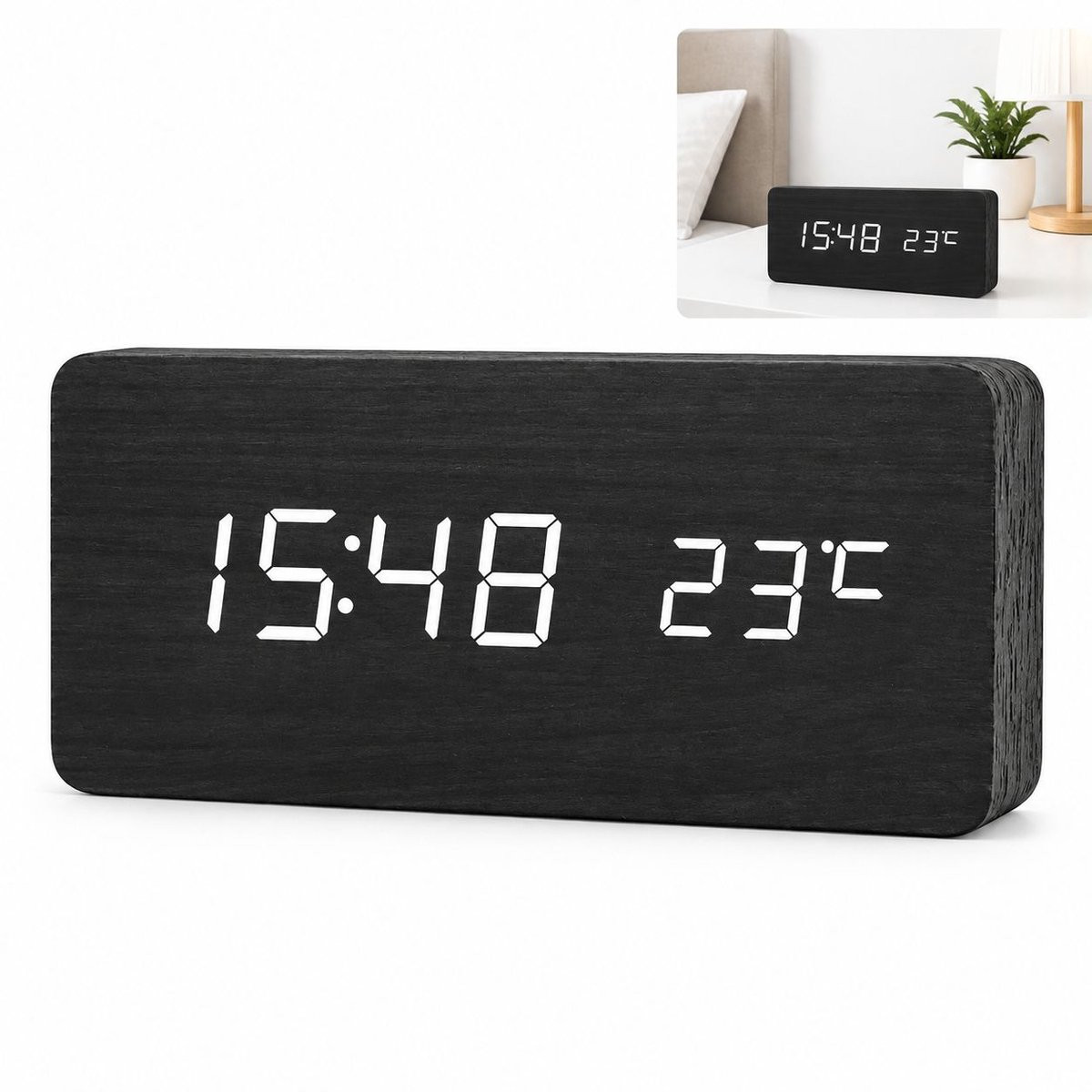 Merkloze LED Wekker met Datum en Temperatuurweergave - Hout - Zwart - 15 x 7 x 3 cm
