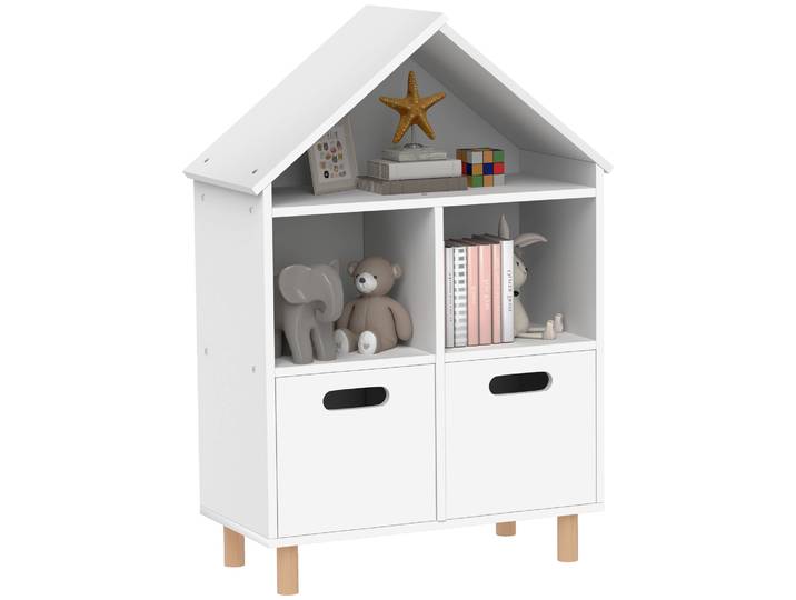 AIYAPLAY Bibliothèque enfants, meuble de rangement enfants, 3 niveaux avec deux tiroirs, forme de maison, pour chambres d'enfant