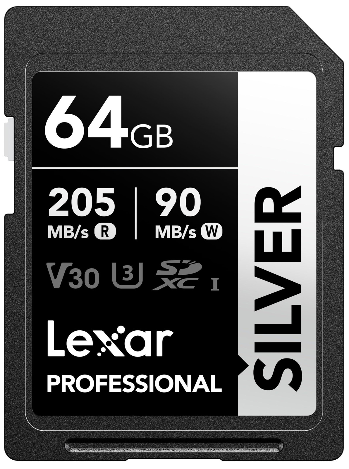Lexar Silver SD-kaart, 64 GB, UHS-I SDXC, leessnelheid 205 MB/s, schrijfsnelheid 90 MB/s