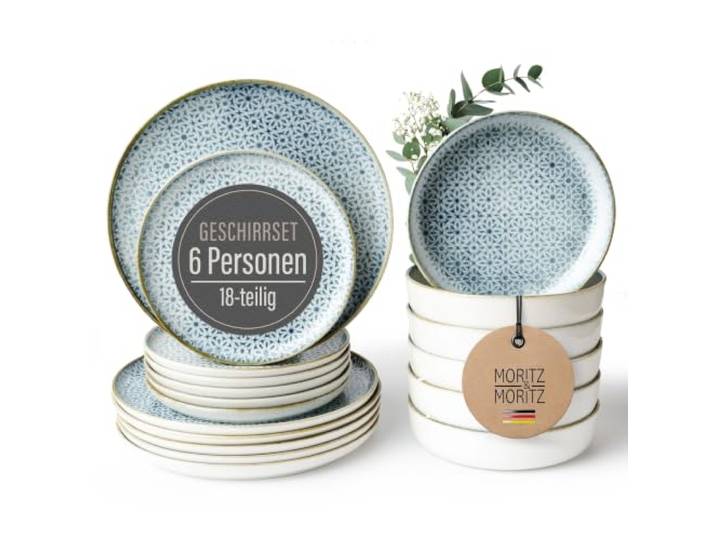 Moritz & Moritz Geschirrset 6 Personen 18-tlg. - Servierteller, Suppenteller & Dessertteller - Modernes Geschirr Set in Blau, spülmaschinenfest & mikrowellengeeignet - Serie Alhambra