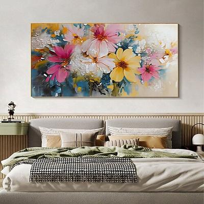 Farbenfrohes Wildblumengemälde auf Leinwand, handgefertigt, originell, großformatig, strukturiert, Wandkunst für das Wohnzimmer, Acrylmalerei, farbenfrohe Boho-Leinwandbilder.