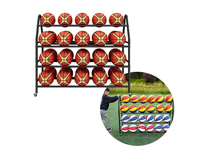 Basketbal Aufbewahrungsregal 4-stöckiges Ball Halter Freistehend Mit Rollen Ball-Aufbewahrungsregal Platzsparend Basketball Ballregal Für Rugby Volleyball Fußball(Black,140CM)